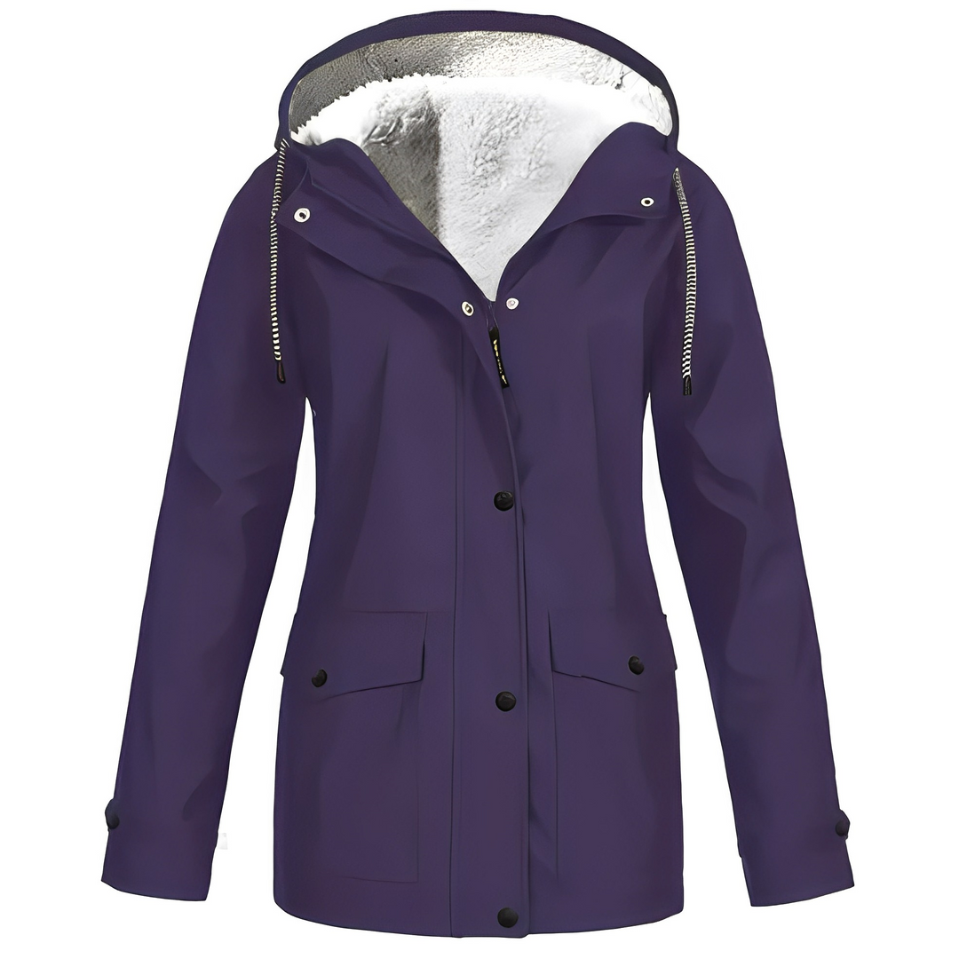 Damen Winterjacke lila, wasserdicht, mit Kapuze und Fleece-Futter, warm und stilvoll.