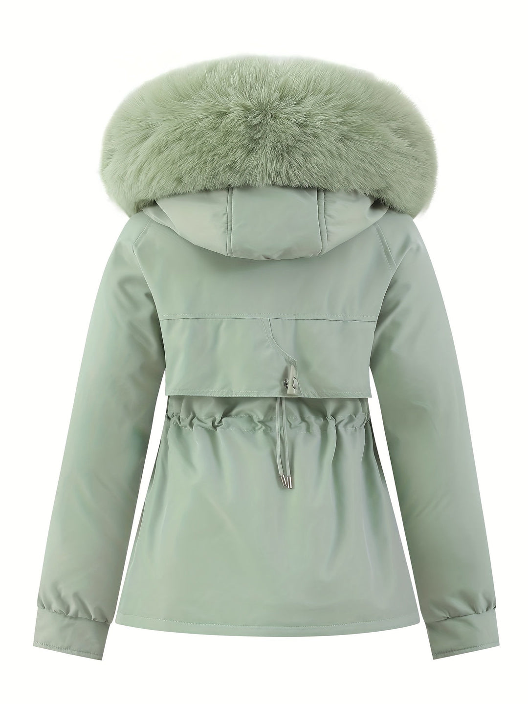 Damen Winterjacke mintgrün mit Kunstfellkapuze, warm, modisch, Outdoor-Bekleidung.