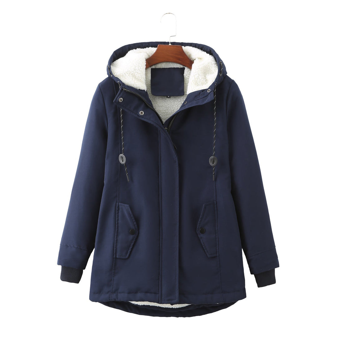 Dunkelblaue Winterjacke mit Kapuze, Fleece-Futter, Damenmode, warm, stilvoll, Outdoor-Bekleidung.
