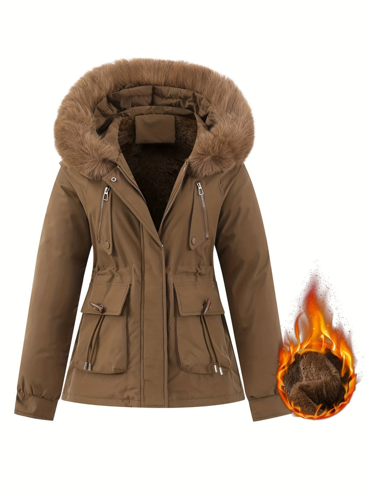 Braune Damen-Winterjacke mit Kunstfellkapuze, wasserabweisend, warm, modisch.