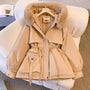 Beige Damen-Winterjacke mit Kapuze, Fellkragen, Baumwolle, Parka-Stil, 2023 Mode.