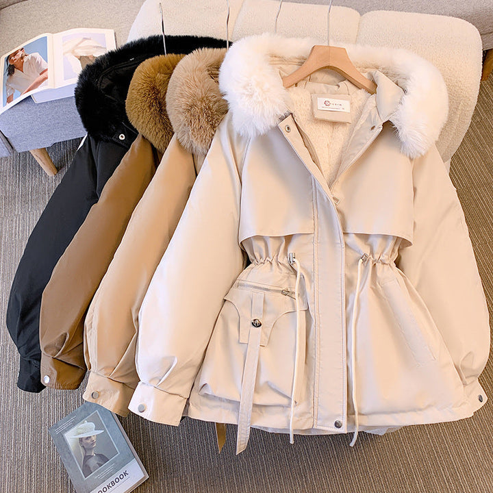 Damen Winterjacke mit Kapuze, Baumwolle, Fellkragen, beige, warm, modisch, 2023 Kollektion.