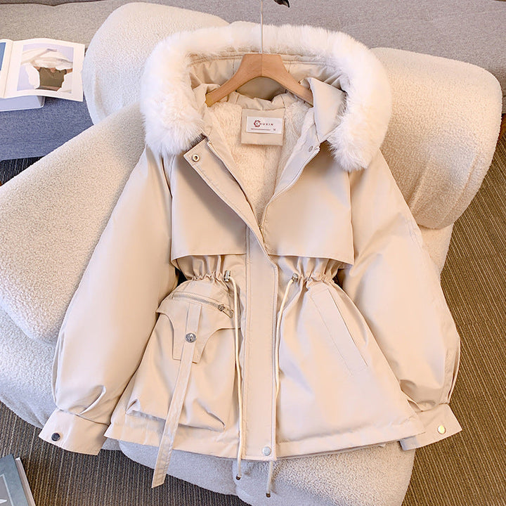 Damen Winterjacke mit Kapuze, beige, Baumwolle, Pelzkragen, warm, oversized, modisch 2023.