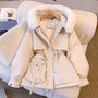 Damen Winterjacke mit Kapuze, beige, Baumwolle, Pelzkragen, warm, oversized, modisch 2023.