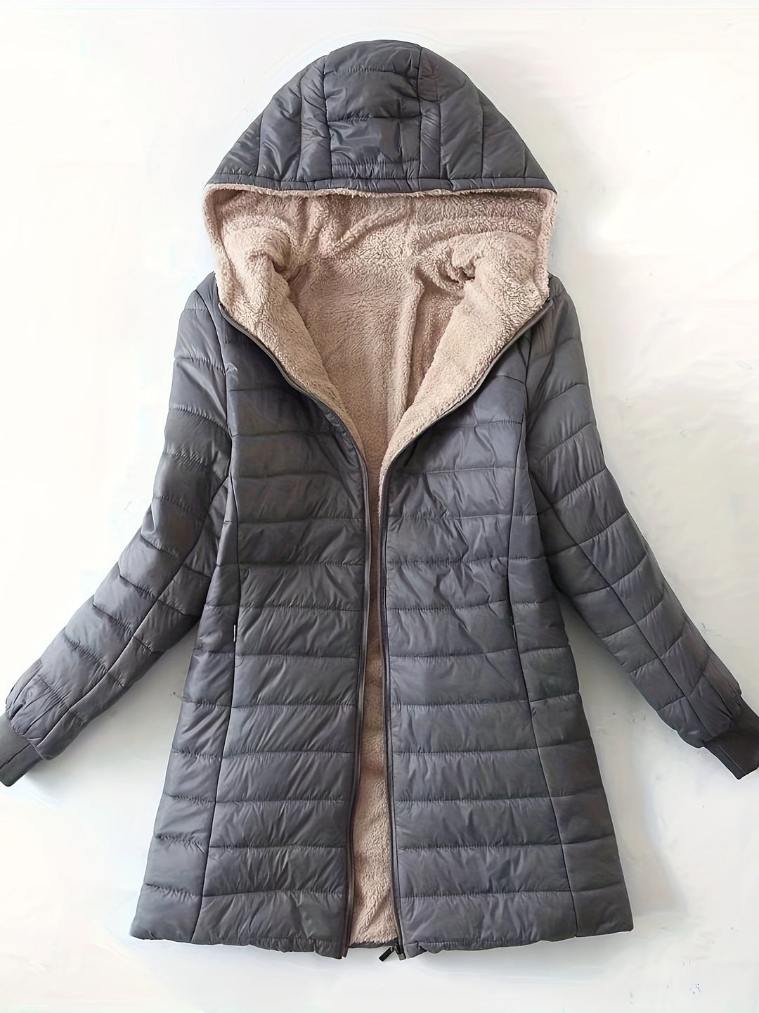Damen Winterjacke mit Kapuze, grau, gesteppt, Fleece-Innenfutter, warm, modisch.