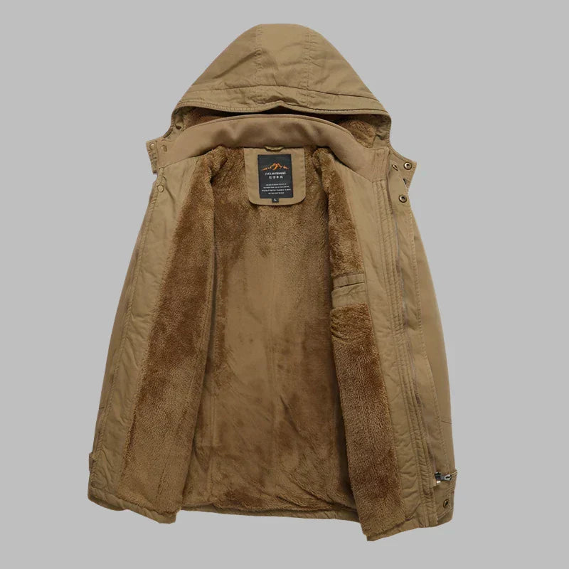 Beige Herren-Winterjacke mit Kapuze, Fleece-Innenfutter, warm, modisch, Outdoor-Bekleidung.