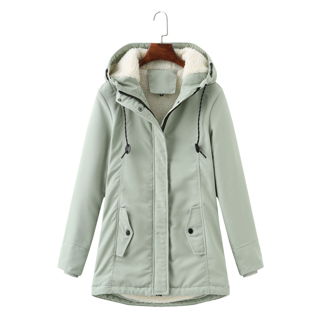 Damen Winterjacke grün mit Kapuze, Fleece-Futter, warm, modisch, Outdoor-Bekleidung.
