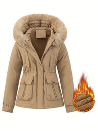 Beige Damen Winterjacke mit Kunstfellkapuze, warm gefüttert, wasserabweisend, modisch.