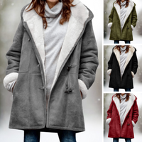 Damen-Winterjacke mit Kapuze, grau, rot, grün, warm, modisch, Lammfell-Optik, elegant.