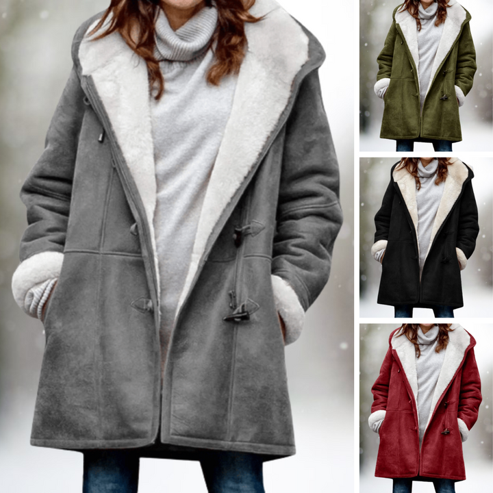 Damen-Winterjacke mit Kapuze, grau, rot, grün, warm, modisch, Lammfell-Optik, elegant.