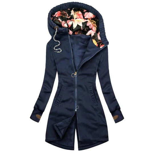 Damen Winterjacke mit Kapuze, dunkelblau, florales Innenfutter, modisch, warm, elegant.