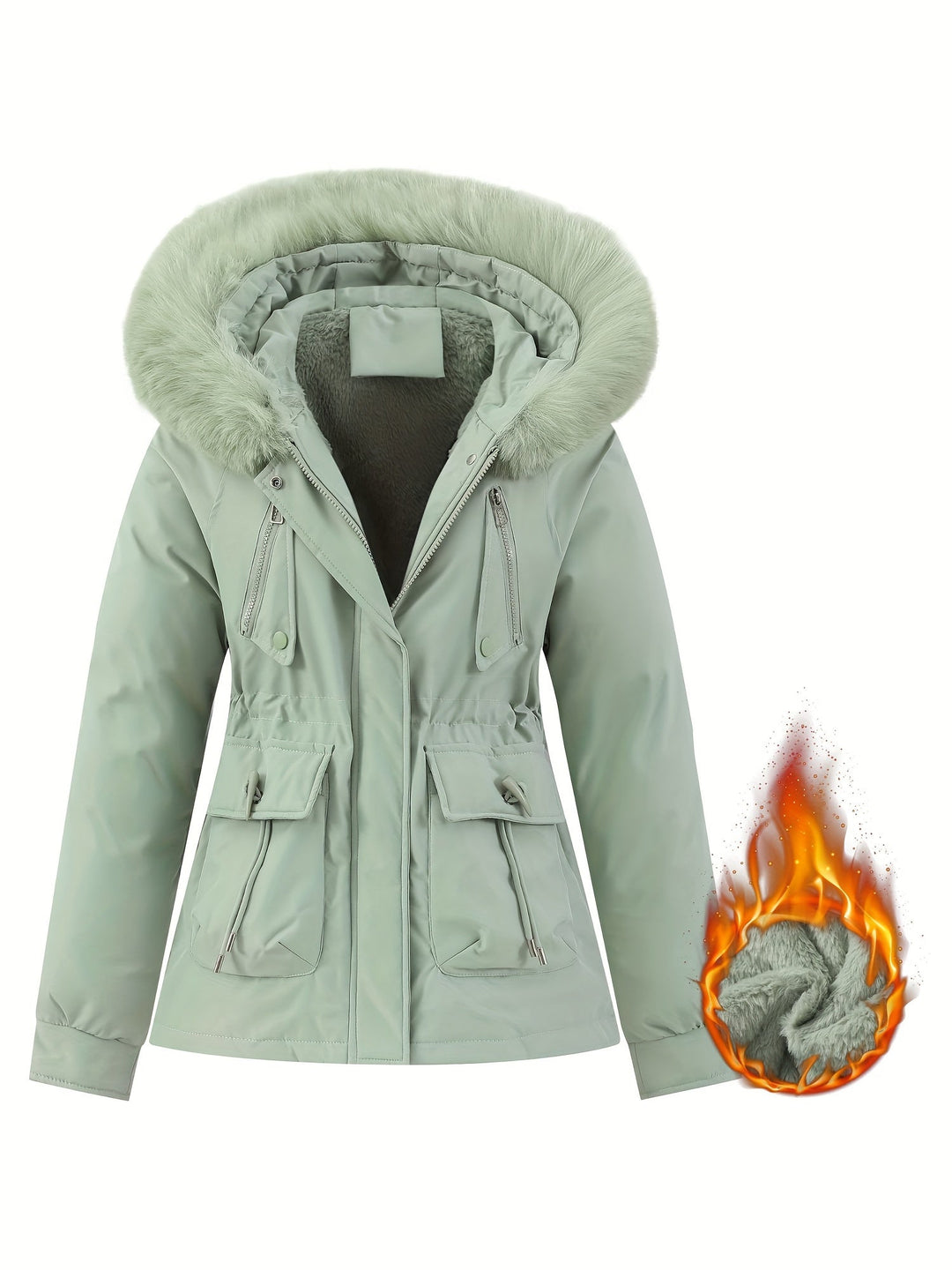 Damen Winterjacke mit Kapuze, grün, warm, wasserabweisend, modisch, Outdoor-Bekleidung.