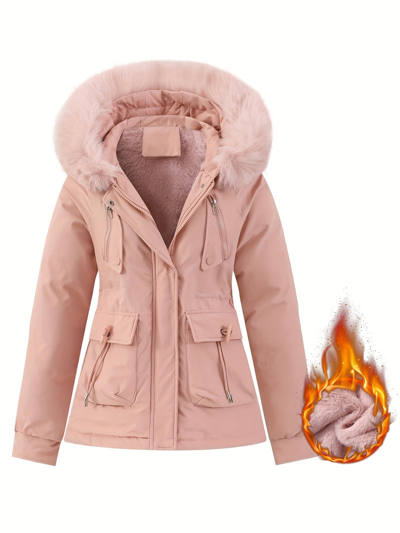 Damen Winterjacke rosa mit Kapuze, Kunstfell, warm, modisch, Reißverschlusstaschen, elegant.