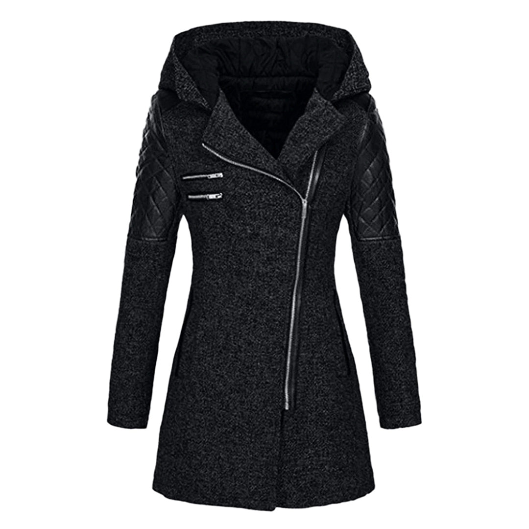 Damen Winterjacke, schwarz, mit Kapuze, Reißverschluss, gesteppte Ärmel, modisch, warm.