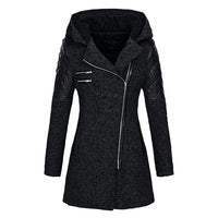 Damen Winterjacke, schwarz, mit Kapuze, Reißverschluss, gesteppte Ärmel, modisch, warm.