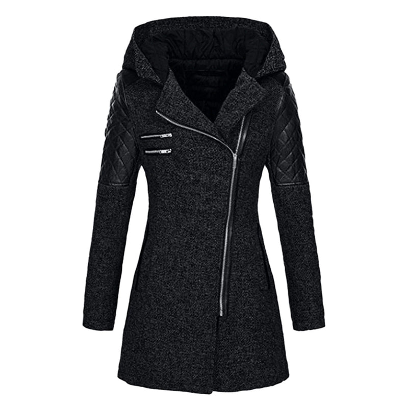 Damen Winterjacke, schwarz, mit Kapuze, Reißverschluss, gesteppte Ärmel, modisch, warm.