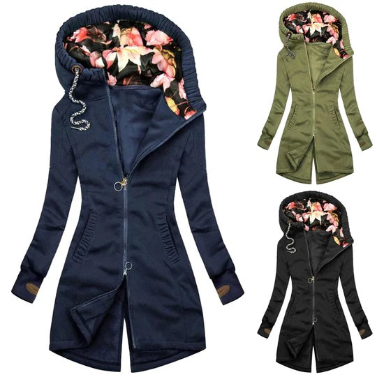 Damen-Winterjacke mit Kapuze, blau, olivgrün, schwarz, Blumenfutter, Reißverschluss, elegant.