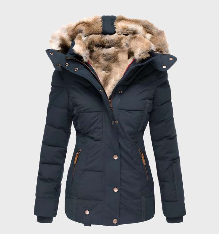 Damen Winterjacke mit Kapuze, schwarz, Kunstfellfutter, warm, modisch, Outdoor-Bekleidung.