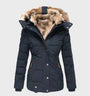 Damen Winterjacke mit Kapuze, schwarz, Kunstfellfutter, warm, modisch, Outdoor-Bekleidung.