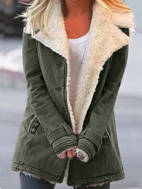 Damen Winterjacke, olivgrün, mit weißem Kunstfellkragen, modisch und warm.