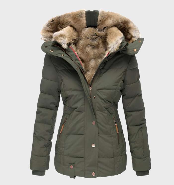 Damen Winterjacke olivgrün mit Kunstfellkapuze, warm gefüttert, modisch und funktional.