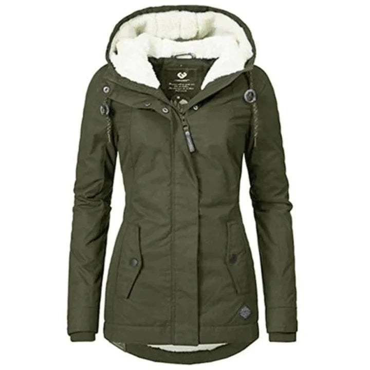 Damen Winterjacke mit Kapuze, olivgrün, warm gefüttert, ideal für kalte Temperaturen.