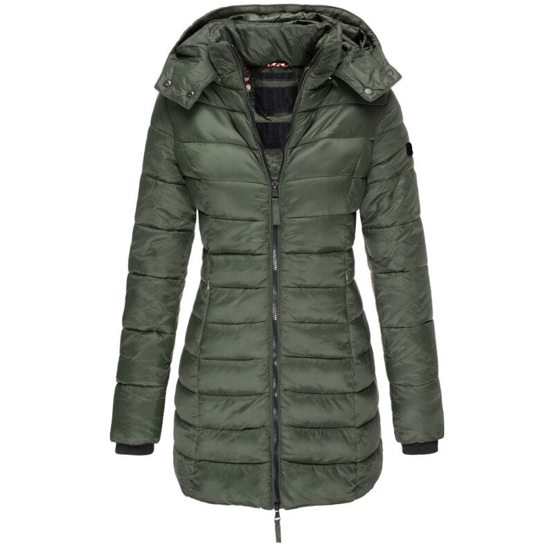 Grüne Damen-Steppjacke mit Kapuze, Reißverschluss, Wintermantel, warm, modisch, Outdoor-Bekleidung.