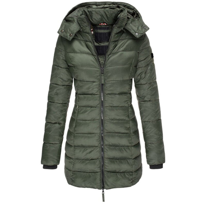 Grüne Damen-Steppjacke mit Kapuze, Reißverschluss, Wintermantel, warm, modisch, Outdoor-Bekleidung.