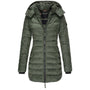 Grüne Damen-Steppjacke mit Kapuze, Reißverschluss, Wintermantel, warm, modisch, Outdoor-Bekleidung.