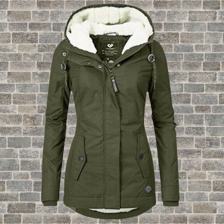 Damen Winterjacke olivgrün mit Kapuze, warm gefüttert, modisch, Outdoor-Bekleidung.