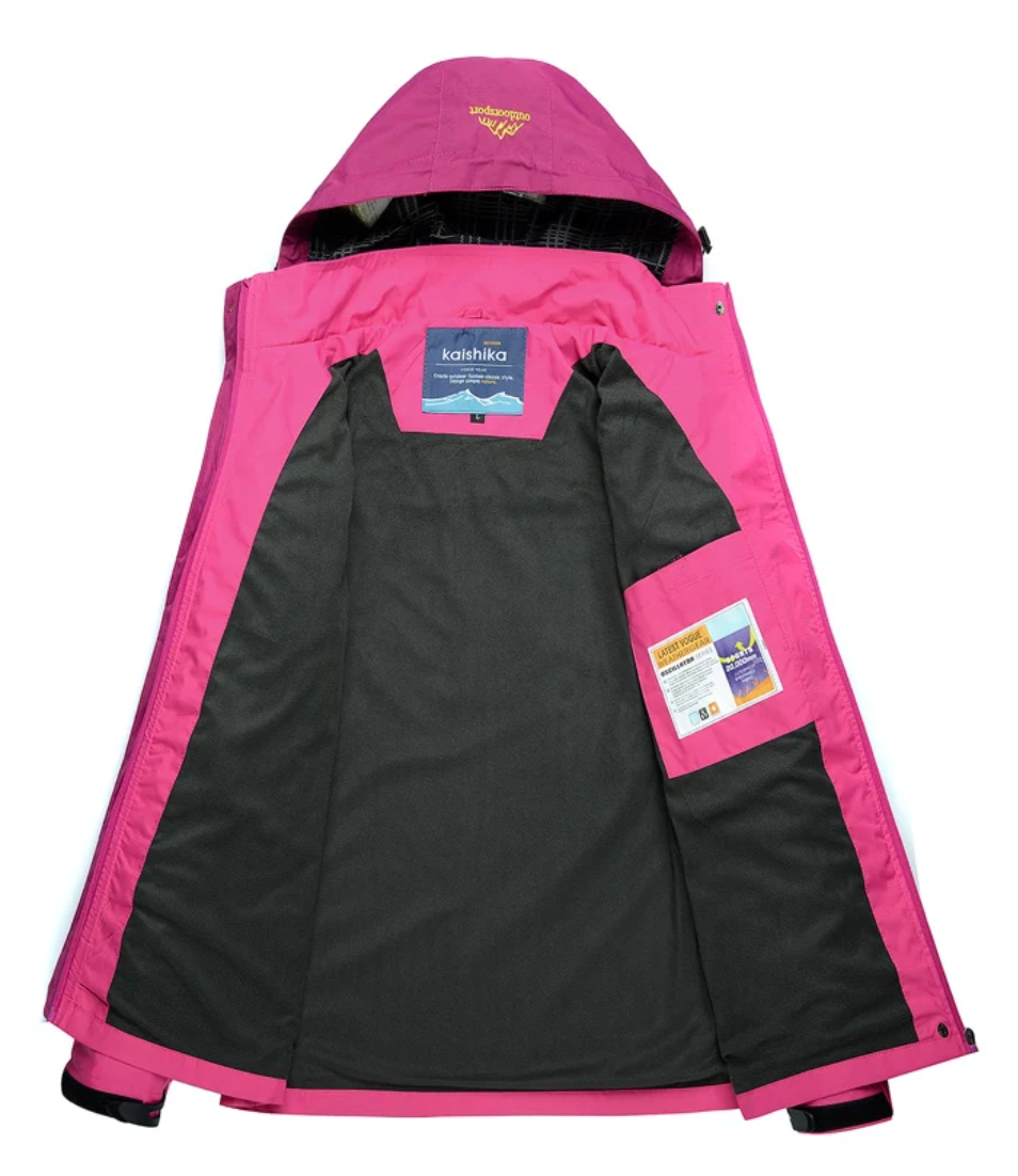 Rosa Damen-Skijacke mit Kapuze, wasserdicht, Innenfutter schwarz, Taschen, Outdoor-Bekleidung.