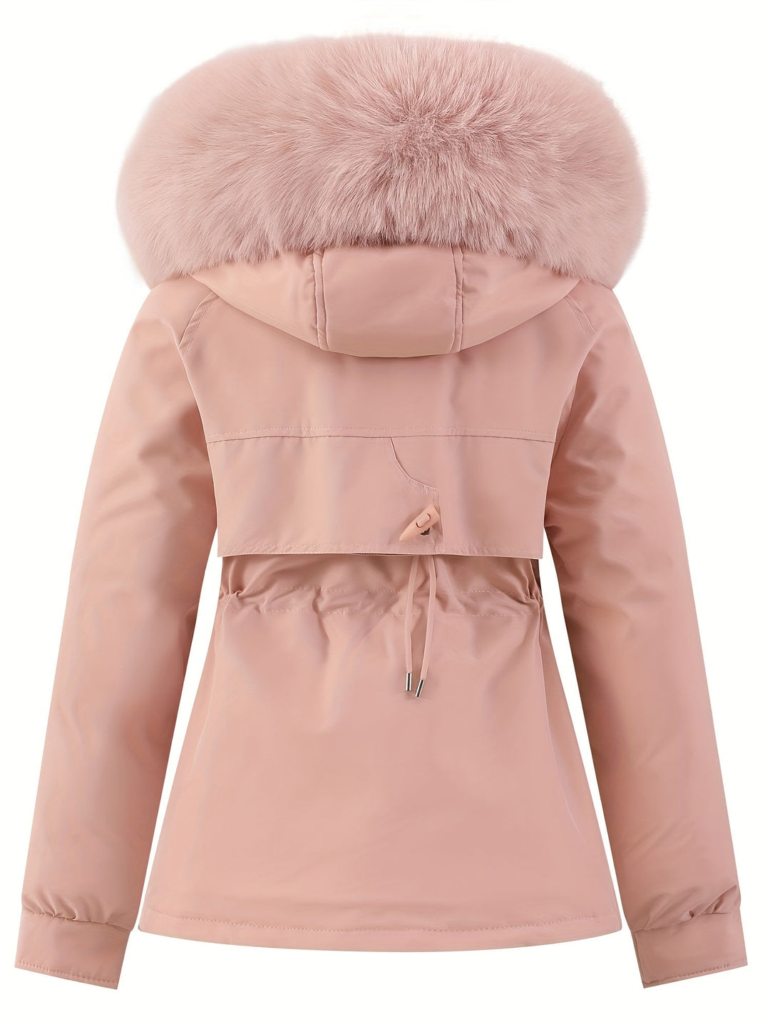Damen Winterjacke rosa mit Kapuze und Kunstfellkragen, warm, modisch, elegant.