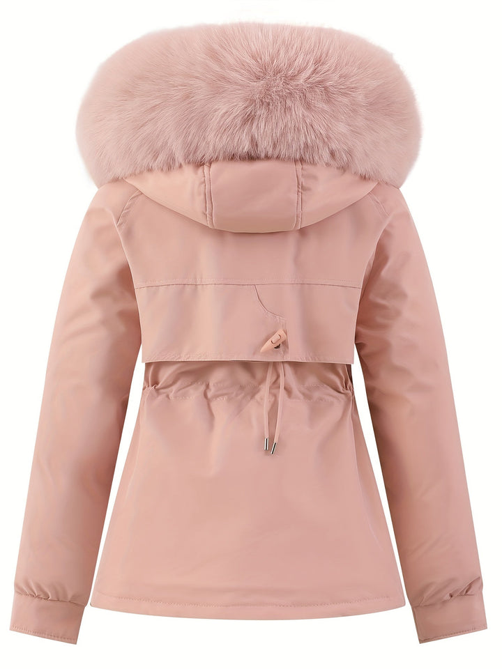 Damen Winterjacke rosa mit Kapuze und Kunstfellkragen, warm, modisch, elegant.