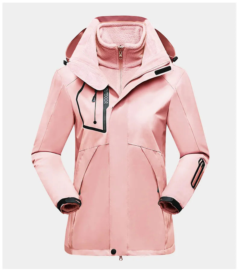 Damen Skijacke rosa, wasserdicht, winddicht, mit Kapuze, Reißverschluss, Outdoor-Winterjacke.