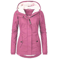 Damen Winterjacke pink mit Kapuze, warm gefüttert, modisch, Outdoor-Bekleidung, Wintermantel.