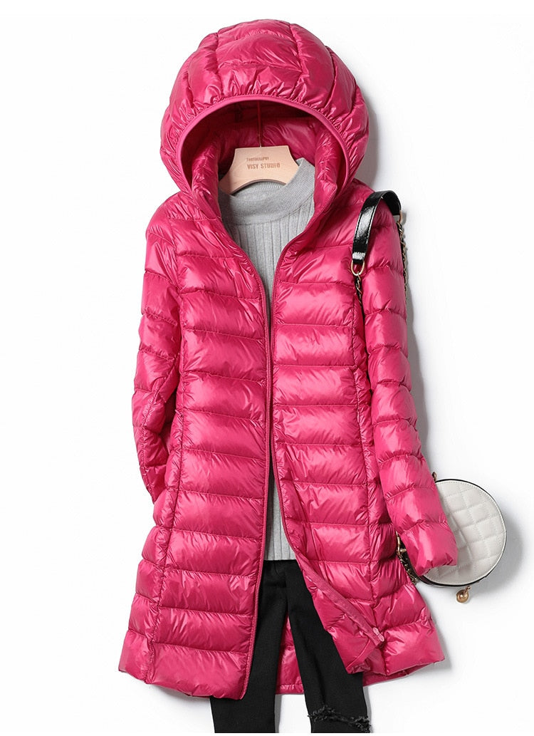 Damen Winterjacke pink, Daunenmantel mit Kapuze, modisch, warm, gesteppte Optik, elegant.