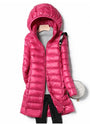 Damen Winterjacke pink, Daunenmantel mit Kapuze, modisch, warm, gesteppte Optik, elegant.