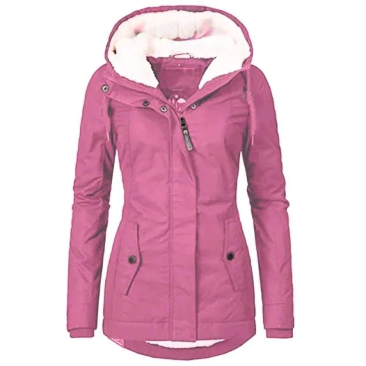 Damen Winterjacke rosa mit Kapuze, warm gefüttert, modisch, Outdoor-Bekleidung, Wintermantel.