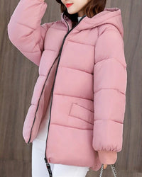 Damen Winterjacke rosa, Kapuze, Reißverschluss, warm, modisch, gesteppte Daunenjacke.