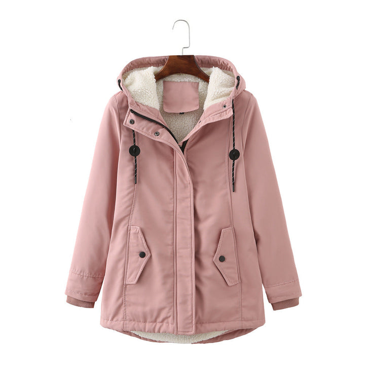 Rosa Damen-Winterjacke mit Kapuze, Fleece-Futter, warm, modisch, Outdoor-Bekleidung.