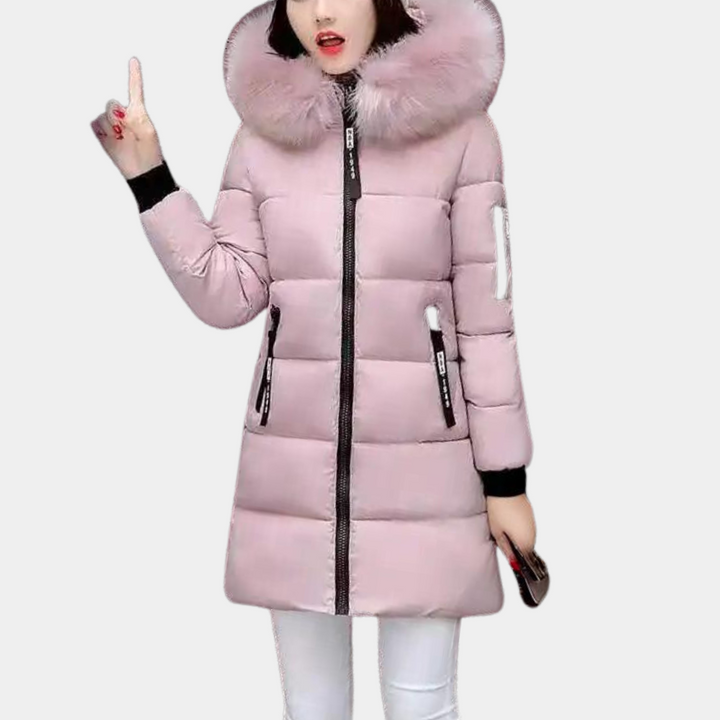 Damen Winterjacke rosa mit Kapuze, Reißverschluss, Pelzbesatz, warm, modisch, elegant.