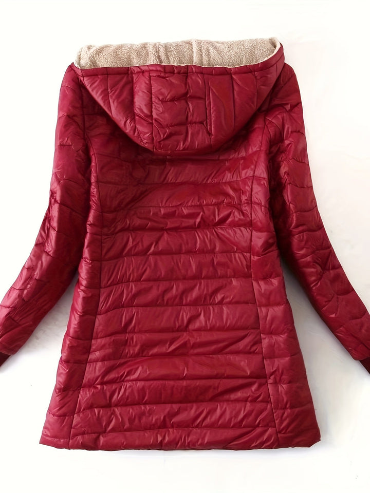 Rote Damen-Daunenjacke mit Kapuze, Wintermantel, warm, modisch, gesteppter Stoff.