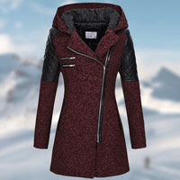 Damen Winterjacke, burgund, mit Kapuze, Reißverschluss, gesteppte Ärmel, warm, modisch.