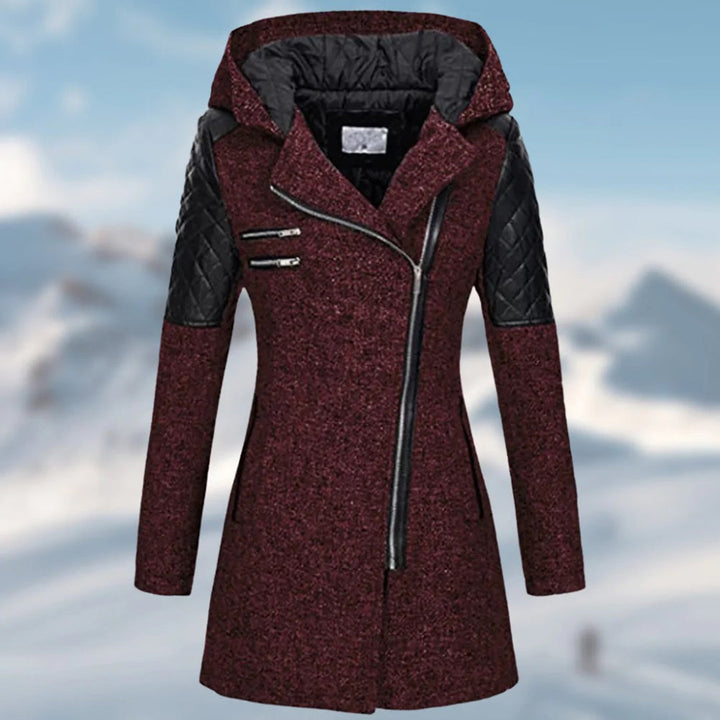 Damen Winterjacke, burgund, mit Kapuze, Reißverschluss, gesteppte Ärmel, warm, modisch.