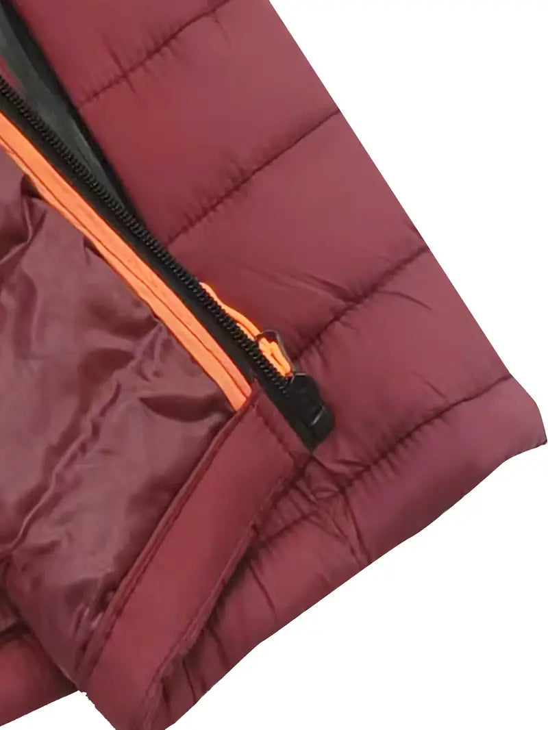 Bordeauxfarbene Daunenjacke mit Reißverschluss, warm, modisch, Winterbekleidung, Outdoor.