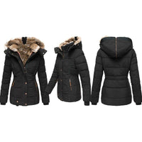 Schwarze Damen-Winterjacke mit Kunstfellkapuze, warm, elegant, ideal für kalte Tage.