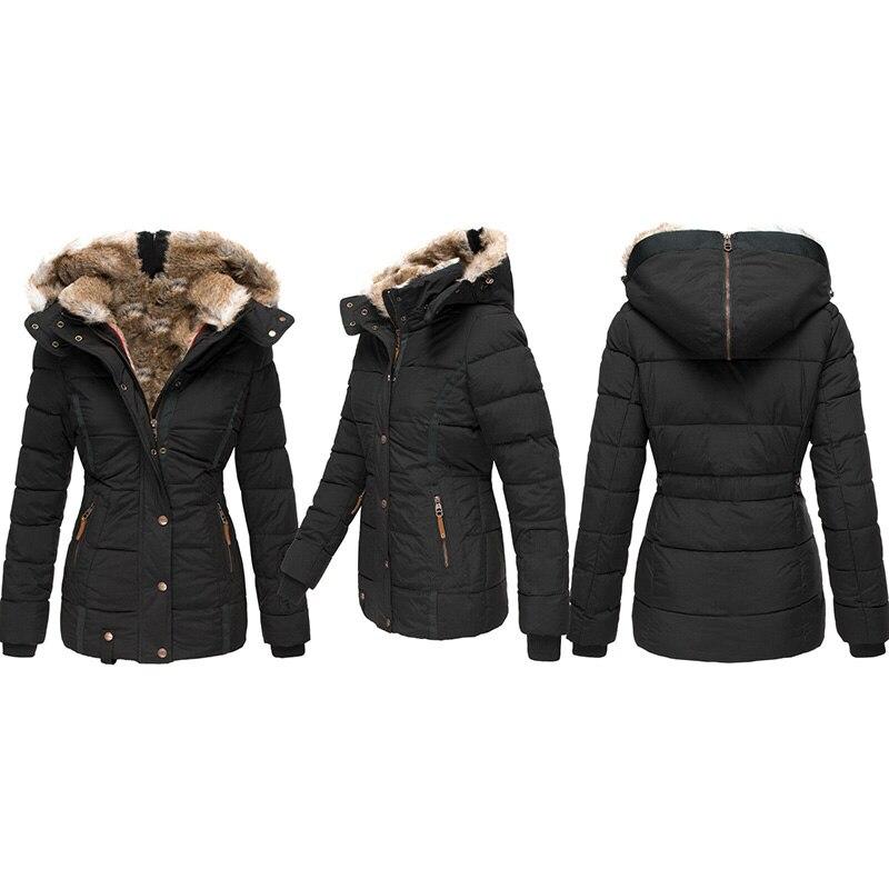 Schwarze Damen-Winterjacke mit Kunstfellkapuze, warm, elegant, ideal für kalte Tage.