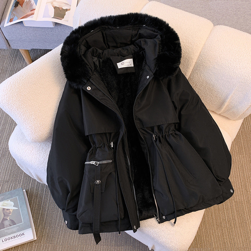 Schwarze Damen-Winterjacke mit Kapuze, Fellkragen, Baumwolle, warm, oversized, 2023.