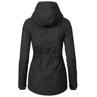 Schwarze Damen-Winterjacke mit Kapuze, tailliert, wetterfest, ideal für kalte Temperaturen.