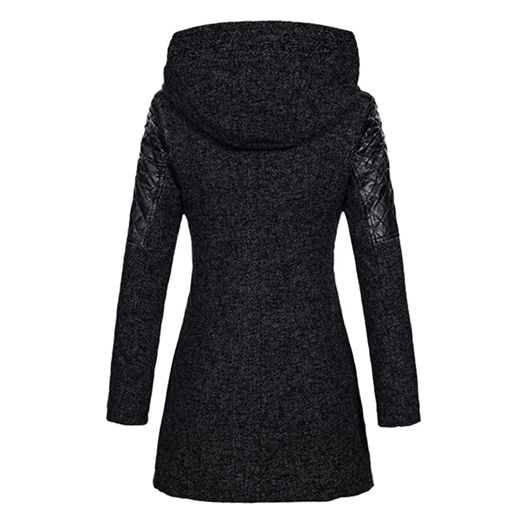 Damen Winterjacke mit Kapuze, schwarz, Wollmischung, gesteppte Ärmel, modisch und warm.